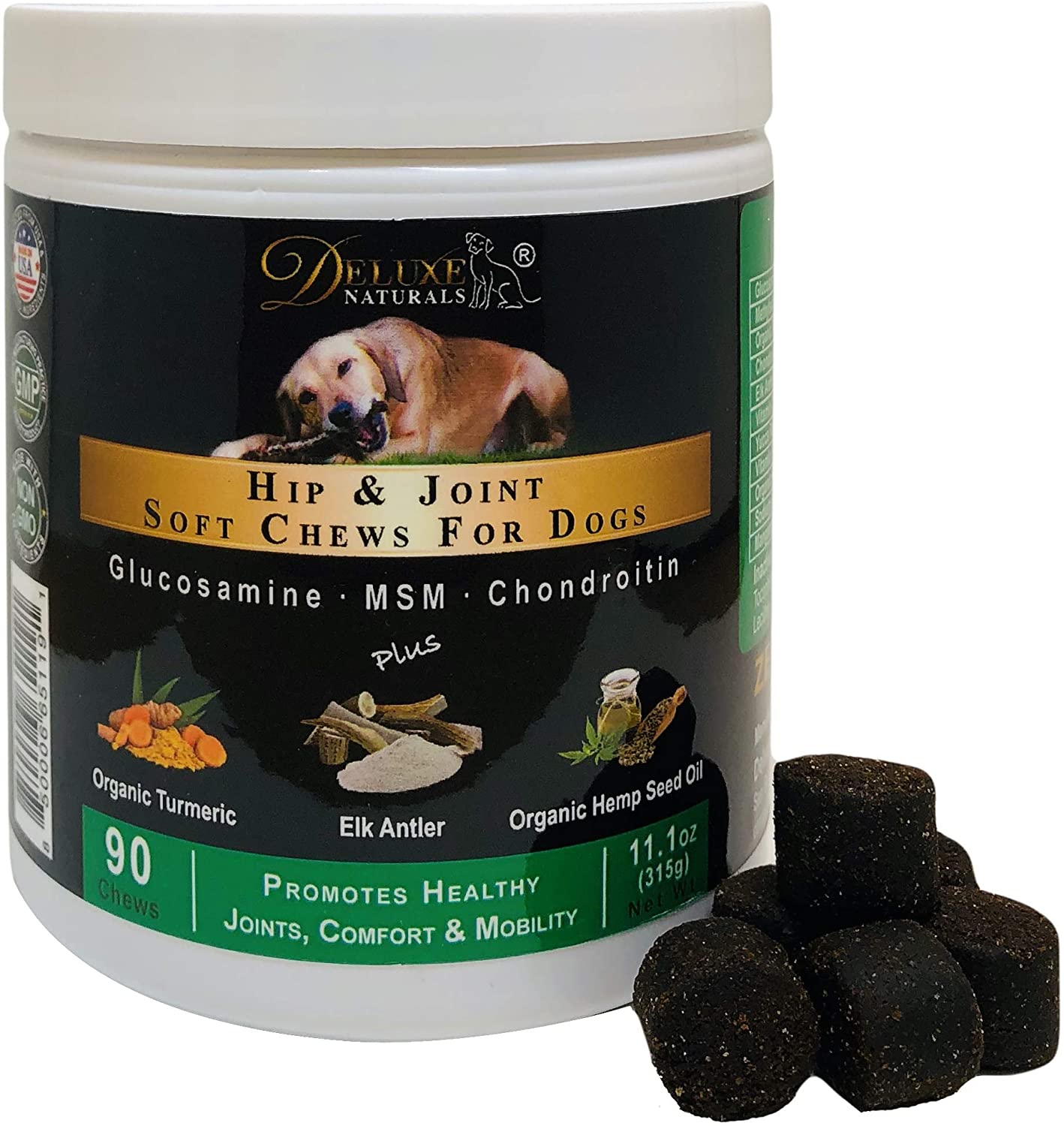 Deluxe Naturals Unique Elk Antler Flavor Glucosamine for Dogs, Advanced Dog Hip and Joint Soft Chews